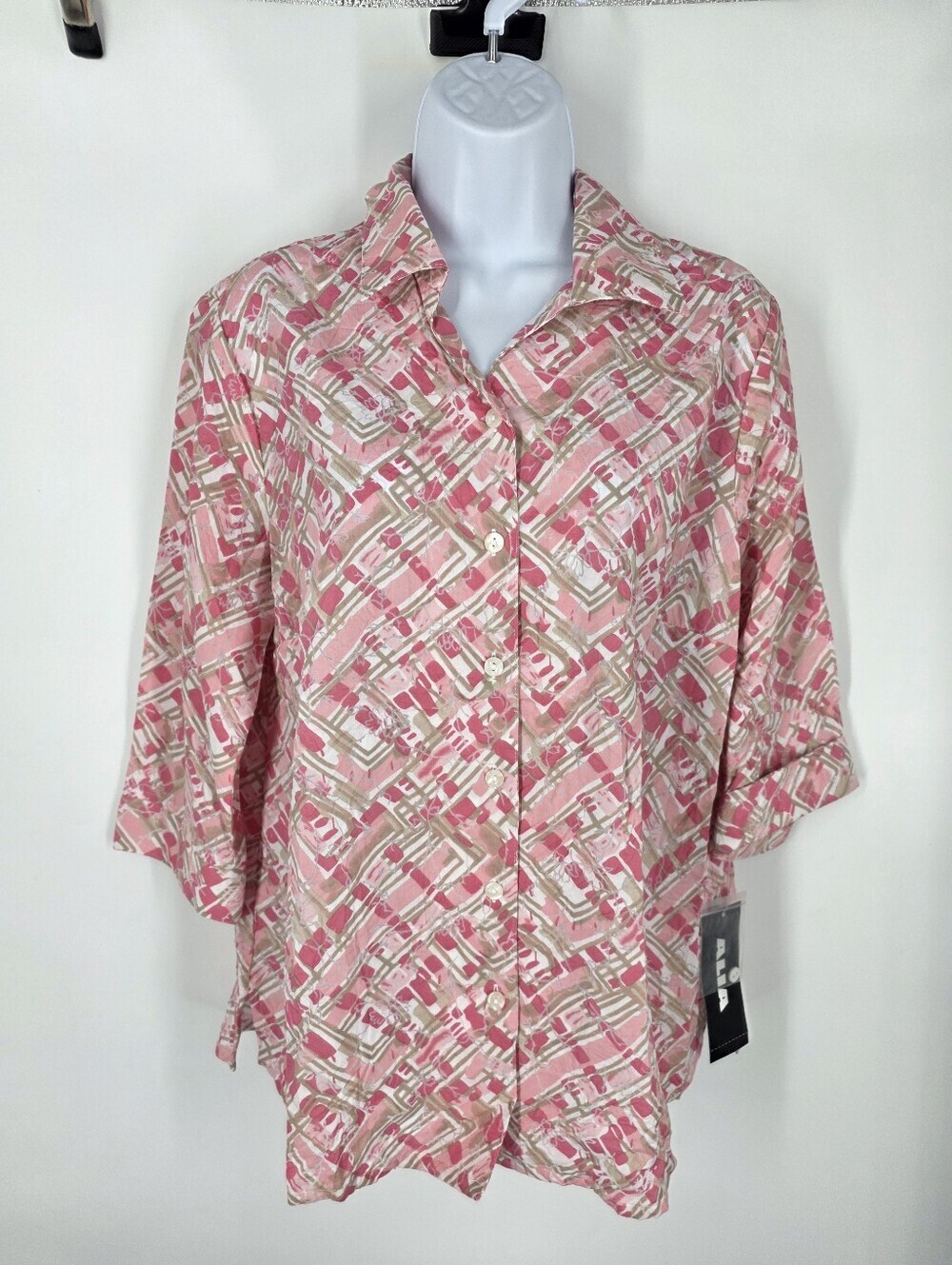 ALIA Abstract Geometric Button Down Blouse Size 10 Pink Tan NWT